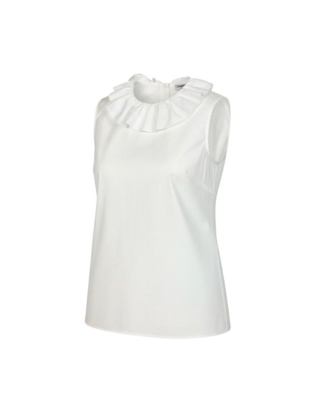 Chanel Frill Neck Sleeveless Shirt Back Button 34 White Cotton